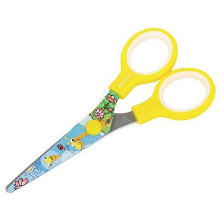 Ножницы BRAUBERG "Kid Series", 130 мм, жёлтые, с цветной печатью "Жирафы", закругленные, 232269 