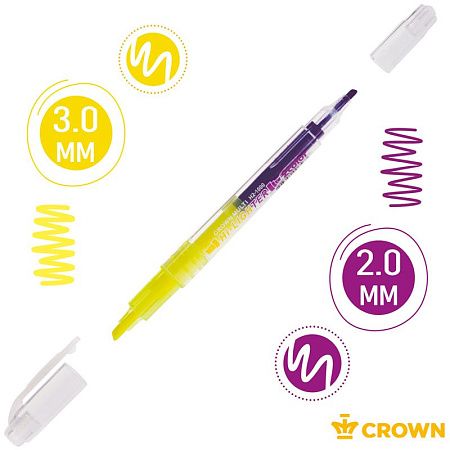 Текстовыделитель двухсторонний Crown "Multi Hi-Lighter Twin" желтый/фиолетовый, 3/2мм 