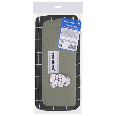 Пенал мягкий BRAUBERG, 1 отделение, карман на липучке, значок, 22х10х6 см, Black checkered, 273579 