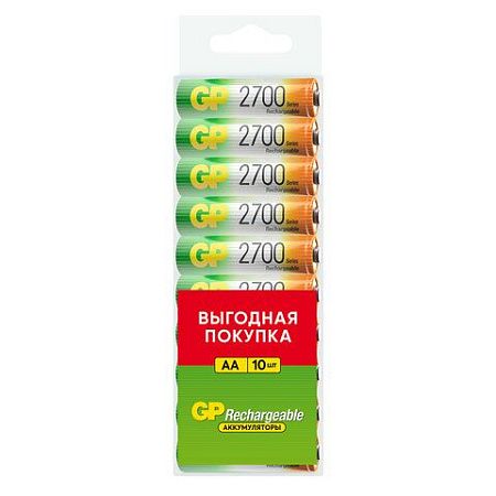 Батарейки аккумуляторные GP, АА (HR6), Ni-Mh, 2650 mAh, 10 шт, пластиковый бокс, 270AAHC-CRB10