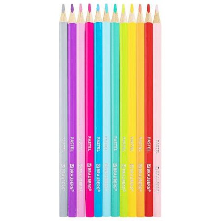 Карандаши цветные BRAUBERG PASTEL, 12 пастельных цветов, трёхгранные, грифель 3 мм, 181850