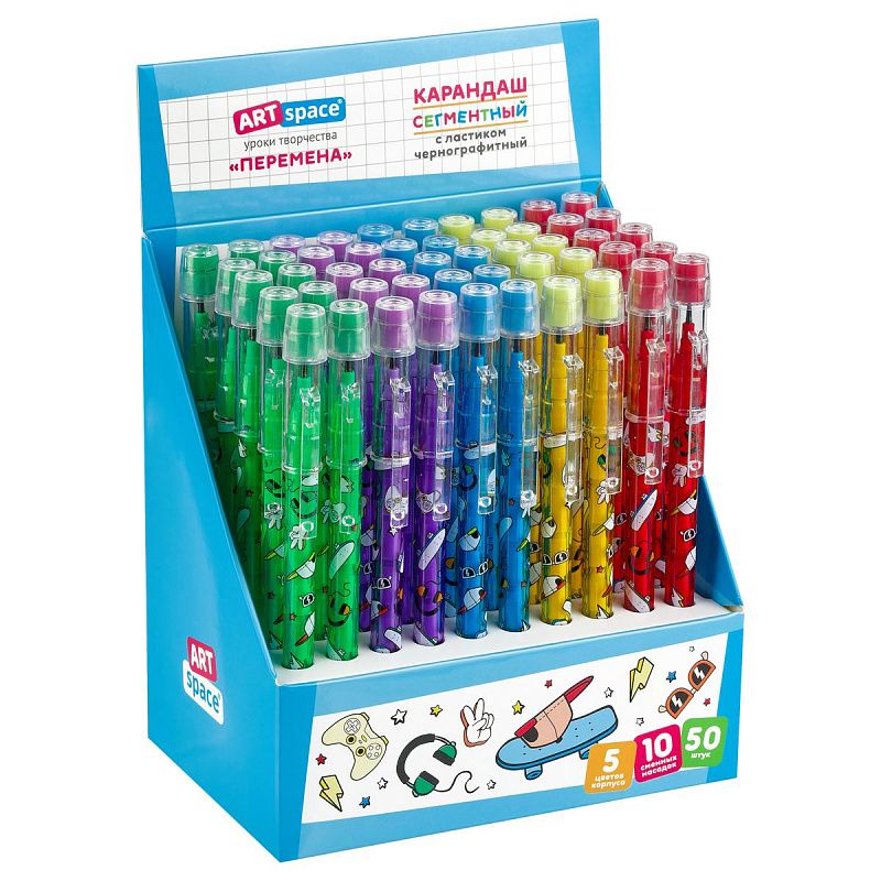 Карандаш сегментный ArtSpace "Перемена", с ластиком, ассорти 