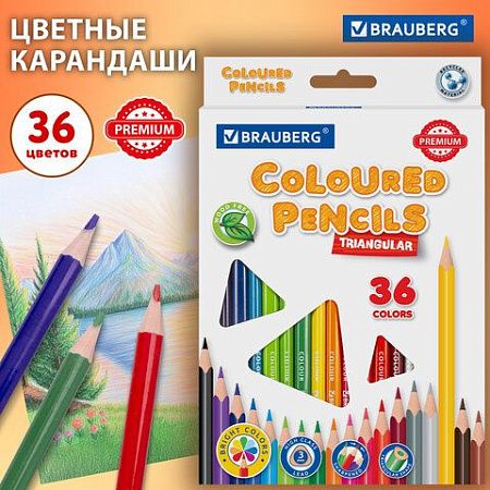 Карандаши цветные BRAUBERG PREMIUM, 36 цветов, пластиковые, трехгранные, грифель мягкий 3 мм, 181664
