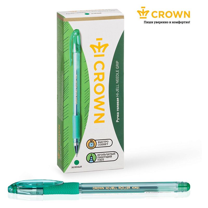 Ручка гелевая Crown "Hi-Jell Needle Grip" зеленая, 0,7мм, грип, игольчатый стержень, штрих-код 