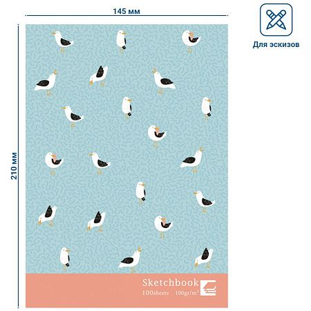Скетчбук 100л., А5 7БЦ BG "Птицы", матовая ламинация, выб. лак, 100г/м2