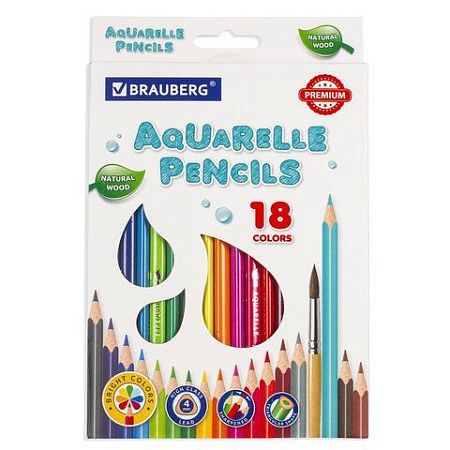 Карандаши цветные акварельные BRAUBERG PREMIUM AQUARELLE, 18 цветов, грифель мягкий 4 мм, 181672