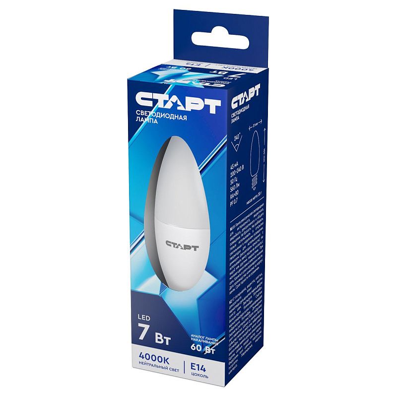 Лампа светодиодная Старт LED, серия "ЭКО" 7W40, тип С "свеча", E14, 4000К, холодный свет, 15000ч