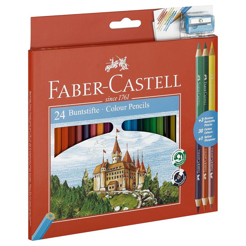 Карандаши цветные Faber-Castell "Замок", 24цв., шестигр., заточ.+6цв.+точилка, картон, европодвес