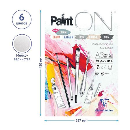 Скетчбук - альбом для смешанных техник 24л., А3 Clairefontaine "Paint ON", на склейке, 6 цветов, 250г/м2