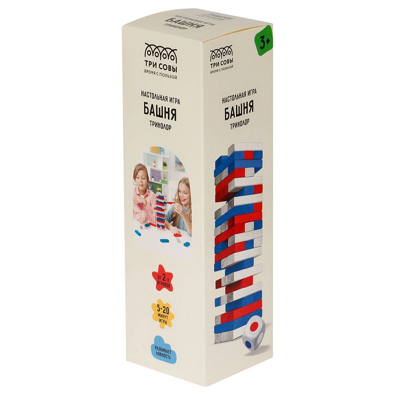 Игра настольная ТРИ СОВЫ "Башня. Триколор", цветные дерев. блоки, с уголком 