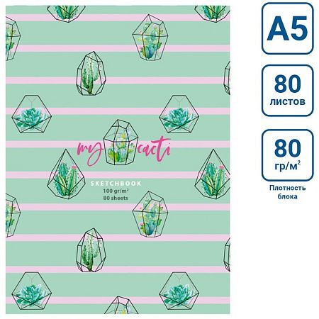 Скетчбук 80л., А5 7БЦ BG "My cacti", матовая ламинация, 100г/м2