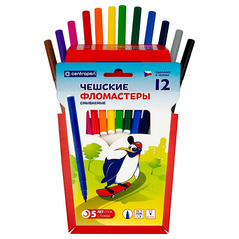 Фломастеры Centropen "Пингвины", 12цв., смываемые, картон, европодвес