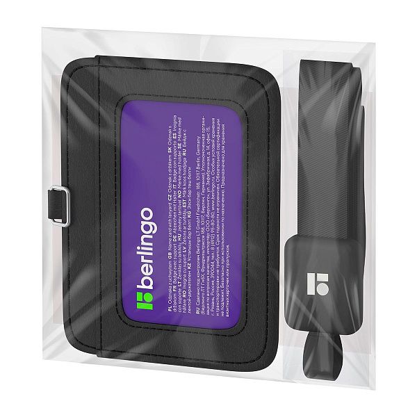 Бейдж горизонтальный Berlingo "ID 500", 85*55мм, экокожа, держатель-рулетка с лентой 45 см, черный