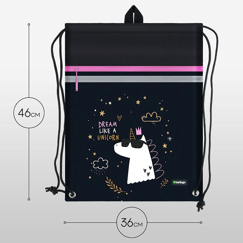 Мешок для обуви 1 отделение Berlingo "Dream Like A Unicorn", 360*460мм, вентиляционная сеточка , светоотражающая лента, карман на молнии 