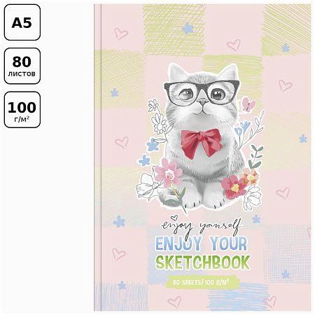 Скетчбук 80л., А5 7БЦ BG "Котик с бантиком", матовая ламинация, белый блок с градиентом, 100г/м2