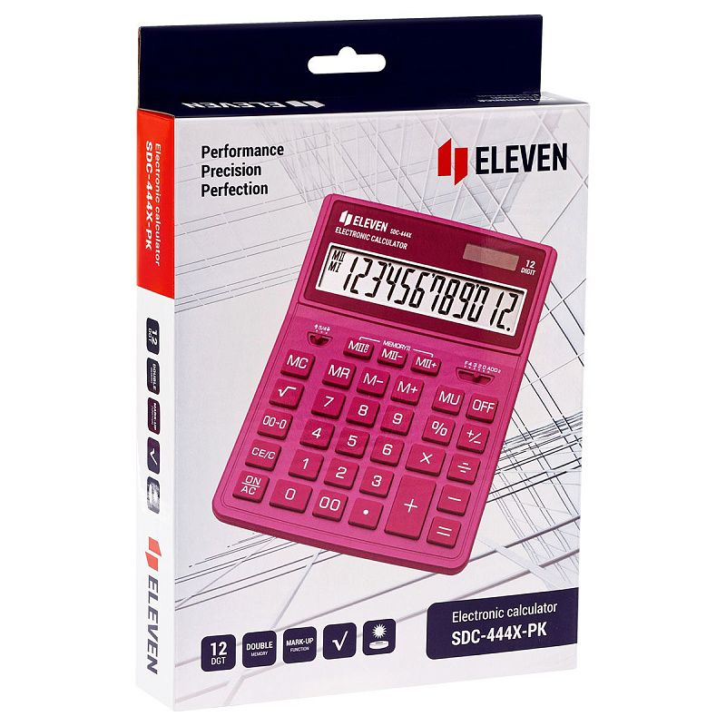 Калькулятор настольный Eleven SDC-444X-PK, 12 разрядов, двойное питание, 155*204*33мм, розовый