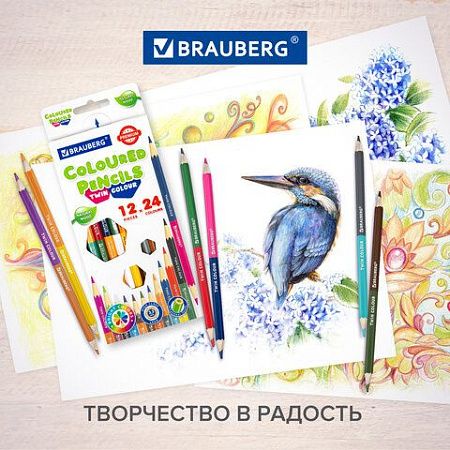 Карандаши цветные мягкие двусторонние BRAUBERG PREMIUM TWIN COLOUR, 12 штук, 24 цвета, 181874
