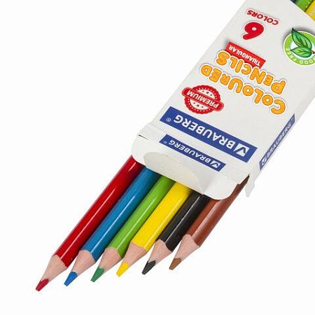Карандаши цветные BRAUBERG PREMIUM, 6 цветов, пластиковые, трехгранные, грифель мягкий 3 мм, 181660