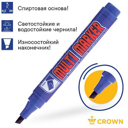 Маркер перманентный Crown "Multi Marker Chisel" синий, скошенный, 5мм 
