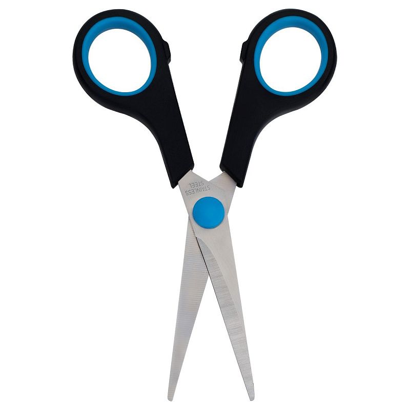 Ножницы OfficeSpace 14см, черные с синими вставками, ПВХ чехол с европодвесом