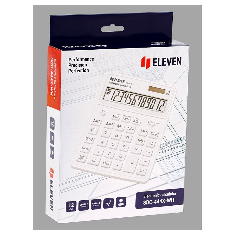 Калькулятор настольный Eleven SDC-444X-WH, 12 разрядов, двойное питание, 155*204*33мм, белый