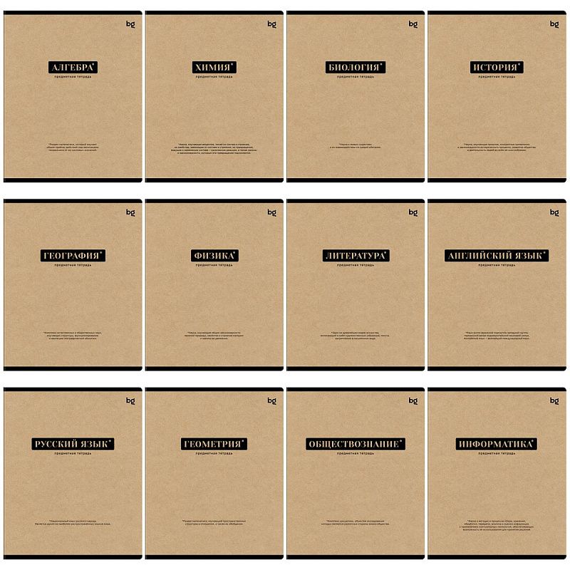 Комплект (12 шт.) предметных тетрадей 48л. BG "Крафт", матовая ламинация