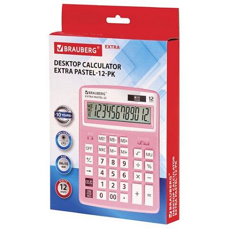 Калькулятор настольный BRAUBERG EXTRA PASTEL-12-PK (206x155 мм), 12 разрядов, двойное питание, РОЗОВЫЙ, 250487