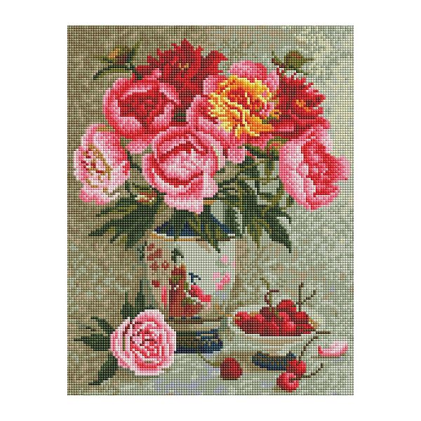 Алмазная мозаика ТРИ СОВЫ "Пионы и вишня", 30*40см, холст, картонная коробка с пластиковой ручкой