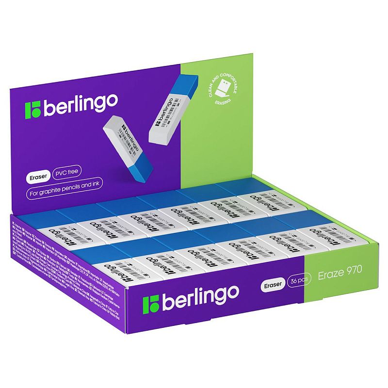 Ластик Berlingo "Eraze 970", прямоугольный комбинированный, скошенный, 62*22*8мм 