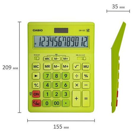 Калькулятор настольный CASIO GR-12С-GN (210х155 мм), 12 разрядов, двойное питание, САЛАТОВЫЙ, GR-12C-GN-W-EP