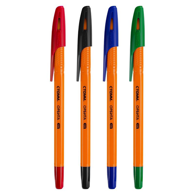 Набор шариковых ручек СТАММ «Орбита 100» 4шт., 4цв., 0,7мм, оранжевый корпус, пакет с европодвесом 