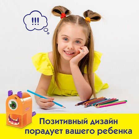 Точилка механическая ПИФАГОР "Монстрик", корпус оранжевый, для чернографитных и цветных карандашей, 228477 