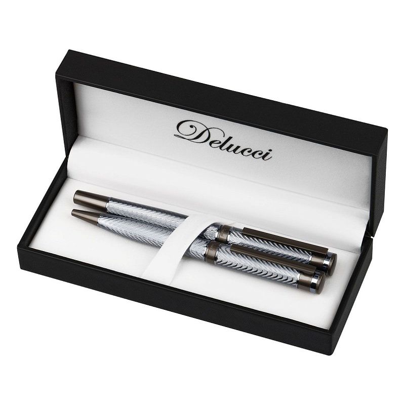 Набор Delucci "Stellato": ручка перьевая черная 0,8мм и ручка шариковая синяя 1мм, корпус серебро/хром, подарочная упаковка 