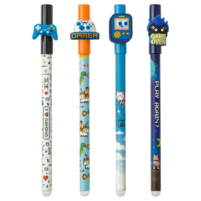 Ручка гелевая стираемая MESHU "Games" синяя, 0,5мм, корпус ассорти, с топпером 
