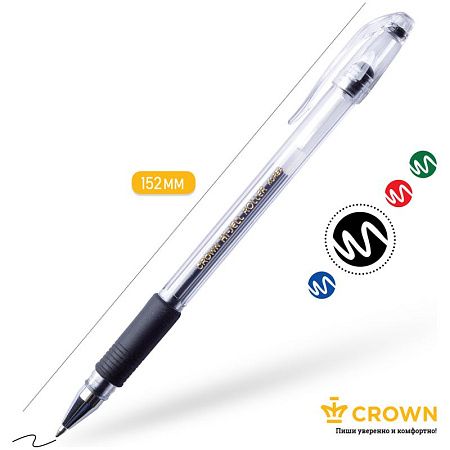 Ручка гелевая Crown "Hi-Jell Grip" черная, 0,5мм, грип 