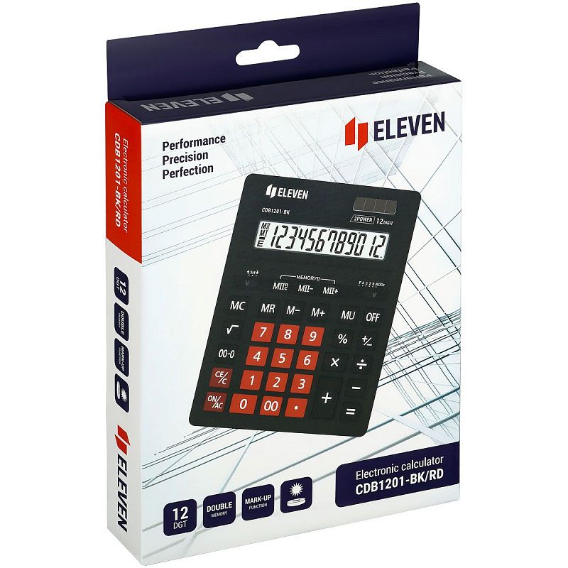 Калькулятор настольный Eleven Business Line CDB1201-BK/RD, 12 разрядов, двойное питание, 155*205*35мм, черный/красный