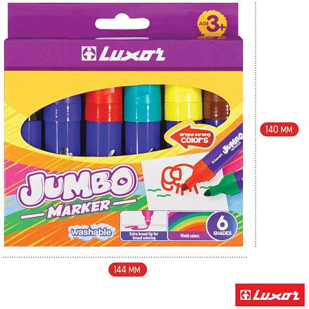 Фломастеры Luxor "Jumbo", 06цв., утолщенные, смываемые, картон, европодвес