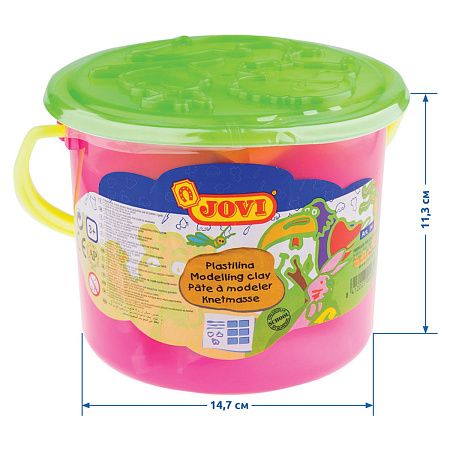 Пластилин JOVI, 06 цветов, 300г, растительный, формочки, стеки, клеенка, в ведре