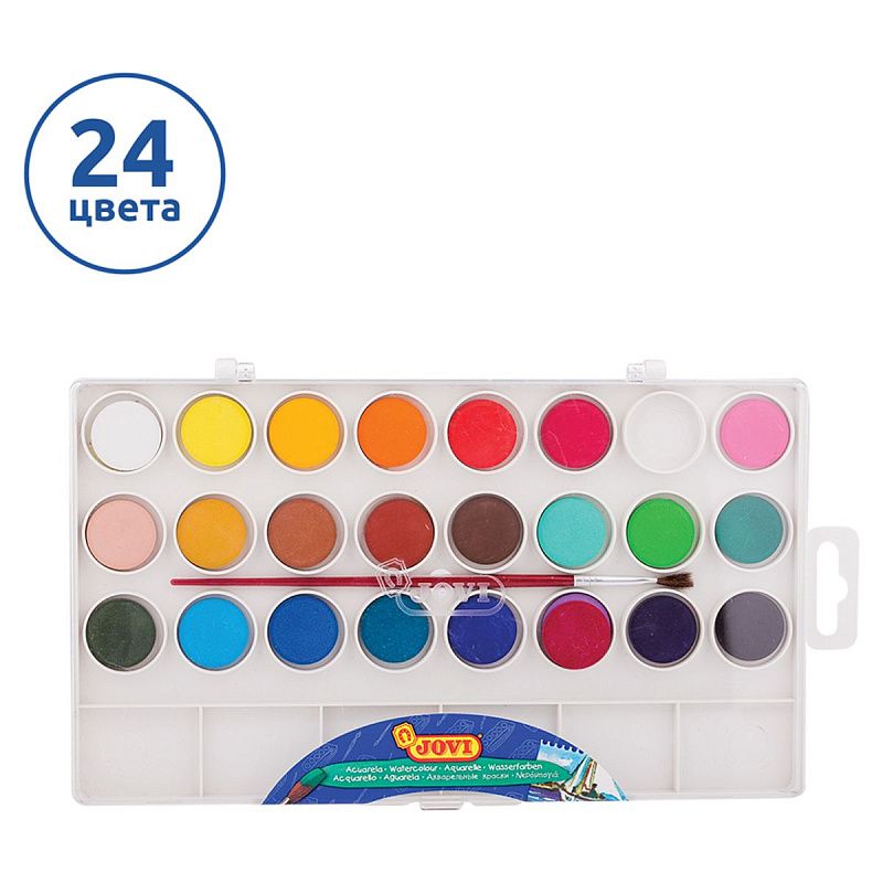 Акварель JOVI, 24 цвета, малые кюветы, с кистью, с палитрой, пластик, европодвес