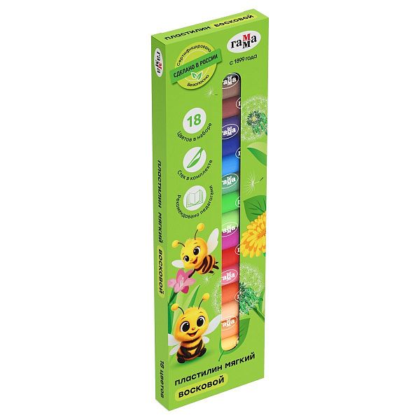 Пластилин восковой мягкий Гамма "Пчелка", 18 цветов, 216г, со стеком, картон. упаковка