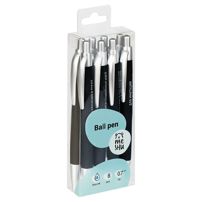Набор шариковых автоматических ручек MESHU "Wishes" 8шт., синие, 0,7мм, корпус ассорти, ПВХ бокс с европодвесом 