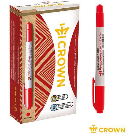 Маркер перманентный двухсторонний Crown "Multi Marker Twin" красный, пулевидный, 2мм/1мм 