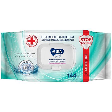Салфетки влажные Aura "FAMILY", big-pack с крышкой, 15*14см, 144шт., антибактериальные 