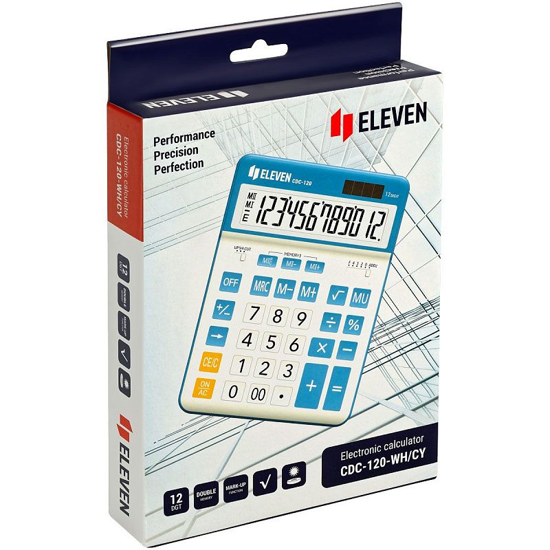Калькулятор настольный Eleven CDC-120-WH/CY, 12 разрядов, двойное питание, 155*206*38мм, белый/синий