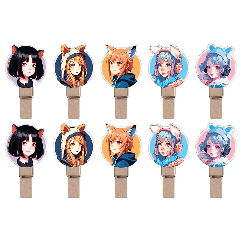 Зажимы для бумаг 7мм, MESHU "Neko", 10шт., деревянные, ассорти, опп пакет с европодвесом, веревка в комплекте