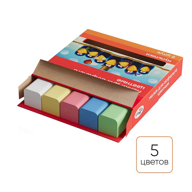 Мелки для асфальта Гамма "Мультики", цветные, 5шт., 5цв., квадратные, картонная упаковка, европодвес 