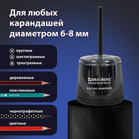 Точилка электрическая BRAUBERG DOUBLE BLADE BLACK, двойное лезвие, питание от 2 батареек АА, 271336 