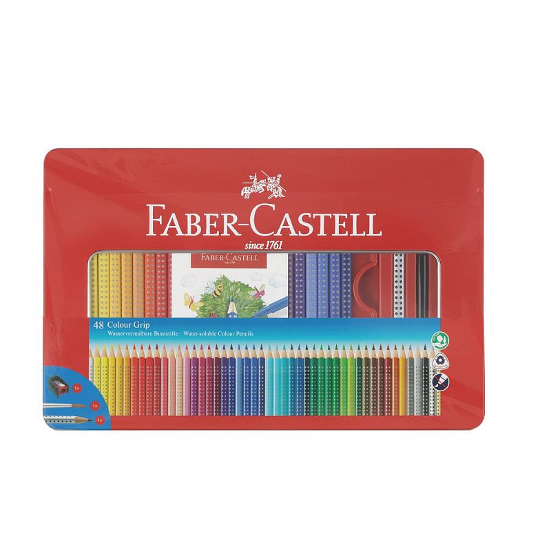 Карандаши цветные Faber-Castell "Grip", 48цв., трехгран., заточ.+ч/г кар. Grip+точилка+кисть, метал. коробка