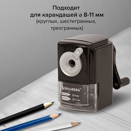 Точилка механическая BRAUBERG "STYLE", для ч/гр и цветных карандашей (в том числе утолщенных), крепление к столу, корпус черный, 228482 
