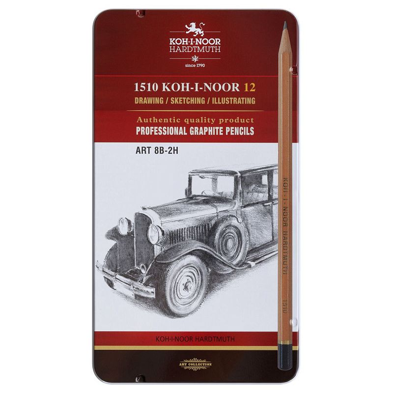 Набор карандашей ч/г Koh-I-Noor "1512" 12шт., 8B-2H, металл. пенал, с неокрашенным корпусом